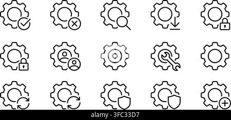 Gear outline icons set with custom system settings symbols like shield check padlock and wrench for interfaces. Stock Vector
