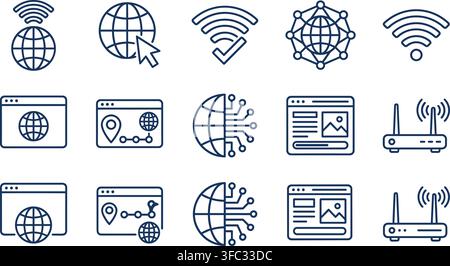 Global network connectivity and wifi router line icons set in navy blue for communication and internet technology. Stock Vector