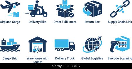Global logistics and supply chain management icons featuring air cargo delivery trucks warehousing and scanning tools. Stock Vector