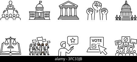 Government and political system black line icon set with transparent background. Stock Vector