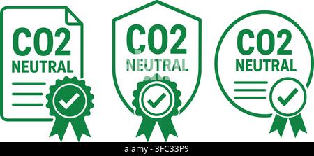 Green eco friendly co2 neutral certifications set with seal document and shield for sustainability labels design pack. Stock Vector
