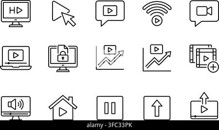 Group of fifteen line art icons for video playback, streaming services, and online content sharing. Stock Vector