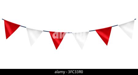 Curved realistic pennant bunting garland with red and white flags isolated for festive party event decoration and celebration Stock Vector