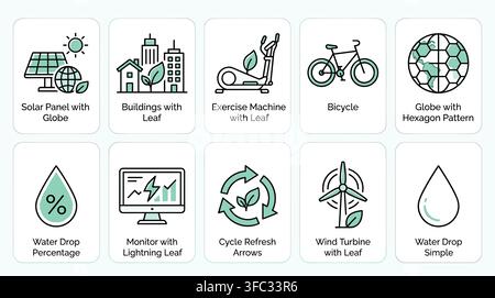 Green energy and sustainability icons featuring solar power, wind turbine, and cycling for eco-friendly lifestyle. Stock Vector