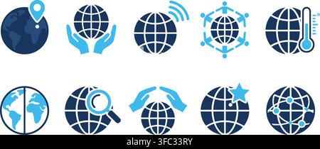 Global network and technology icons featuring earth globes and digital connections. Stock Vector