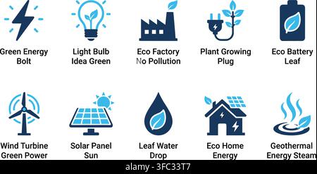 Green energy bolt, light bulb idea, eco factory, plant growing plug, eco battery leaf line icons. Stock Vector