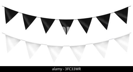 Realistic black and white pennant garland mockup set isolated for custom design branding party decoration and event presentation Stock Vector
