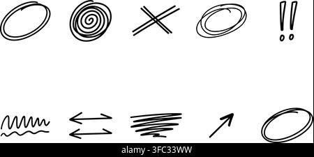 Hand drawn doodle sketches set containing circles spirals cross marks exclamation signs arrows scribble vector art. Stock Vector