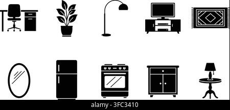 Home furniture and appliances black glyph icons set containing table chair plant lamp television fridge and stove. Stock Vector