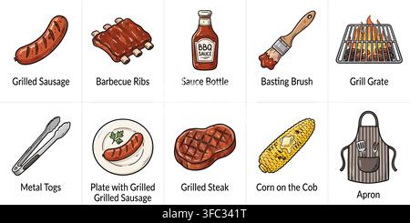 Grilled sausage, barbecue ribs, sauce bottle, basting brush, grill grate, metal tongs, grilled steak, corn on cob, apron. Stock Vector