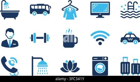 Hotel and hospitality service flat design illustration set dark blue and light blue with transparent background. Stock Vector
