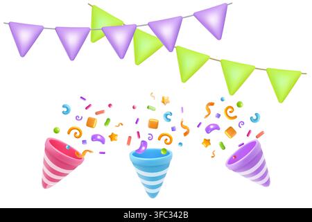 Realistic 3d party set with pennant garlands confetti poppers and colorful confetti isolated for birthday celebration holiday event decoration Stock Vector