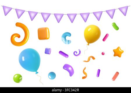 Realistic 3d party decoration set with pennant garland balloons confetti streamers and festive elements isolated for birthday celebration and holiday Stock Vector