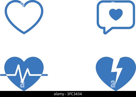Heart health icons set featuring blue cardiac rhythms and love communication symbols for medical wellness promotion. Stock Vector