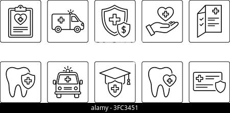Healthcare insurance line icon set including ambulance shield heart tooth and graduation cap for medical safety. Stock Vector