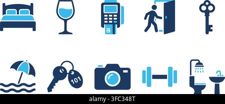 Hotel service blue web icons set including accommodation drinks payment checkout keys beach camera and fitness. Stock Vector