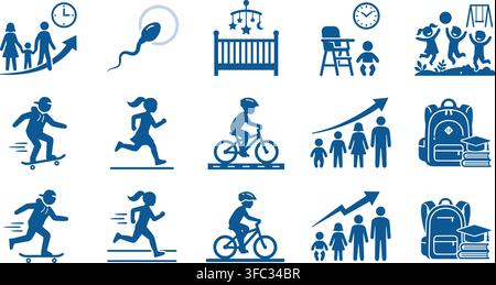 Human growth and development icon collection from birth and childhood to active lifestyle with sports and education. Stock Vector