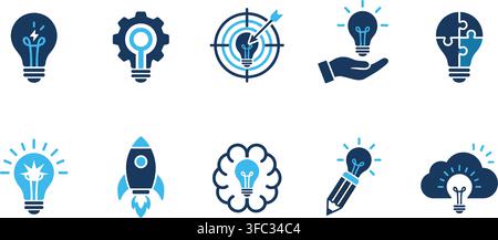 Idea and innovation concept icons in blue and light blue with gears, lightbulbs, and targets for business presentations. Stock Vector