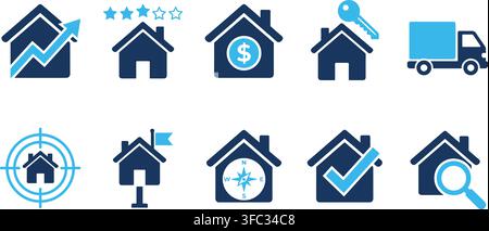 House and real estate icons in blue and light blue with various market and property concepts on transparent background. Stock Vector