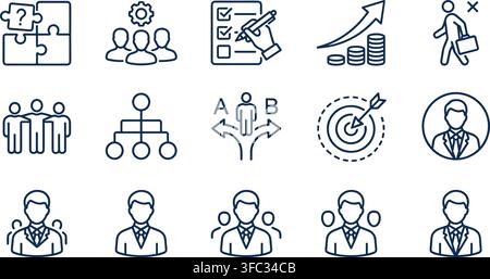 Human resource and business management icons featuring leadership teamwork planning success and corporate structure. Stock Vector