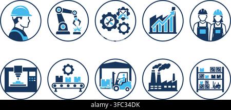 Industrial manufacturing and logistics icons set, depicting various elements of factory production and supply chain. Stock Vector