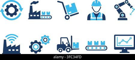 Industrial manufacturing and logistics icons in blue and cyan showing factory production, worker safety, and automation. Stock Vector