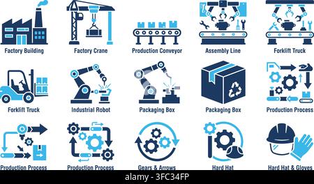 Industrial manufacturing icon set featuring factory buildings cranes assembly lines and robotic arms for production. Stock Vector