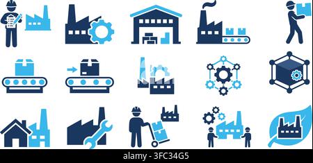 Industrial factory manufacturing and logistics icons in blue tone designed for plant automation and warehouse works. Stock Vector