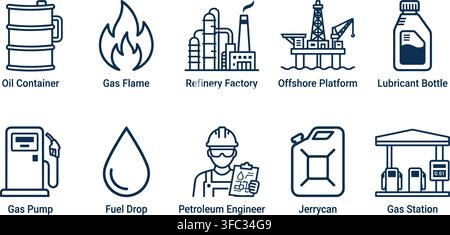 Industrial oil and gas vector line icons set in dark blue color perfect for petroleum industry business design. Stock Vector