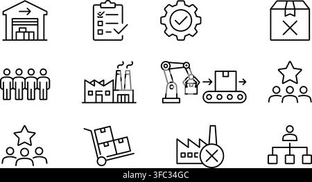 Industrial supply chain icons set featuring black outline logistics manufacturing and warehouse operations concept. Stock Vector