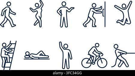 Human activity and motion line icons depicting walking dancing pushing jumping and cycling for fitness related media. Stock Vector
