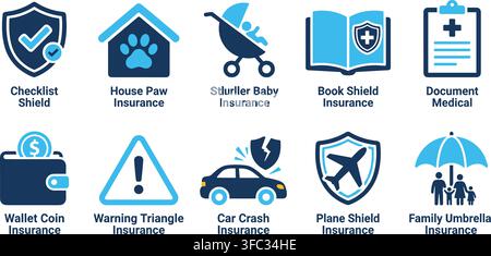Insurance business icon set includes checklist, house, baby, book, document, wallet, car, plane, family. Stock Vector