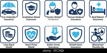 Insurance icons set with blue shields and protection symbols for various risk coverage solutions on transparent grid. Stock Vector