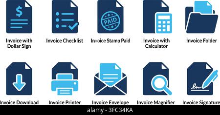 Invoice business document blue icons set illustrating financial billing accounting management and payment processing. Stock Vector