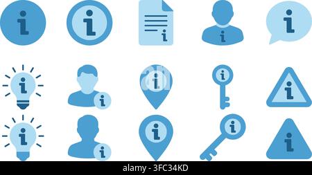 Information signs collection blue icons set featuring map pointers documents keys and light bulbs for business guides. Stock Vector