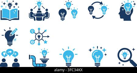 Innovation and idea generation flat design illustration set dark blue and light blue with transparent background. Stock Vector