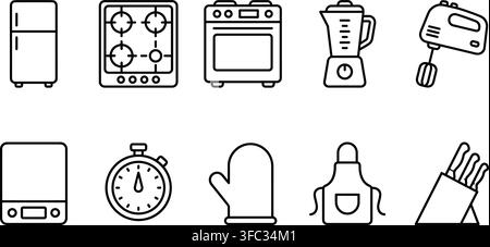 Kitchen appliance and cooking tool line icon set with oven refrigerator blender hand mixer and scale design elements. Stock Vector