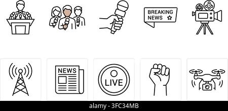 Journalism and mass media broadcasting icons set outlining press conference reporters breaking news live transmission and drone. Stock Vector