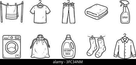Laundry concept icons with drying clothes, shirt, pants, folded towel, spray, washing machine, bag, softener, socks. Stock Vector