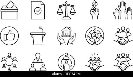 Linear icons depicting political and social group unity including ballot boxes balance scales hands and handshakes. Stock Vector