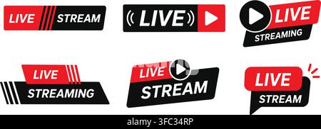 Live streaming banner collection with red and black labels for online broadcasting video content and social media. Stock Vector
