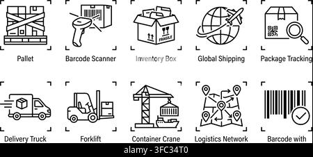 Logistic network outline icon set including barcode scanner and delivery vehicles for professional transport tracking. Stock Vector