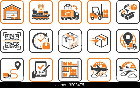 Logistics and shipping service icon set featuring warehouse storage and delivery trucks for global supply chain use. Stock Vector
