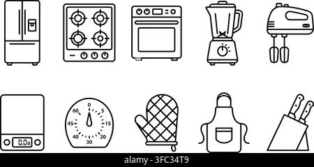 Kitchen appliance line icons set with refrigerator stove oven blender and mixer for cooking and household concepts. Stock Vector