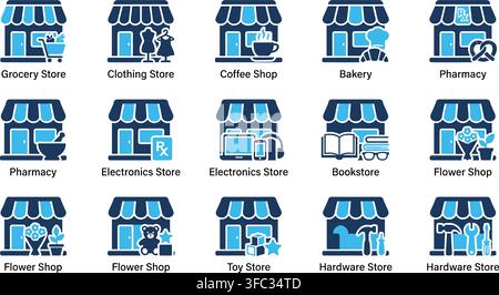 Local retail shop building collection showcasing diverse merchant storefronts for commercial e commerce web design. Stock Vector