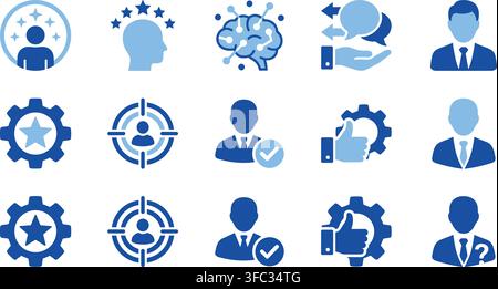 Leadership corporate human management icons set blue profile avatars stars gears brain targets professional skills. Stock Vector
