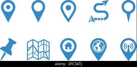 Location and map pin icons blue, representing navigation, travel, and place finding. Stock Vector
