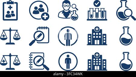 Medical research icons set with hospital laboratory equipment science analysis tools and healthcare management tools. Stock Vector