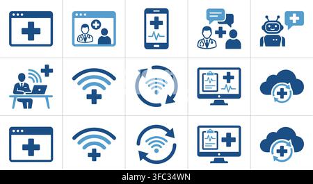 Medical tele health and digital medicine icons set in blue colors for online healthcare app interface designs. Stock Vector