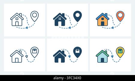 Logistics home delivery path icons featuring house location pins and shipping parcel tracking in linear style vector. Stock Vector